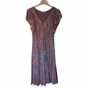 Boden Purple Pink Floral Midi Dress Flutter Short Sleeve V Neck Stretch Women 8
